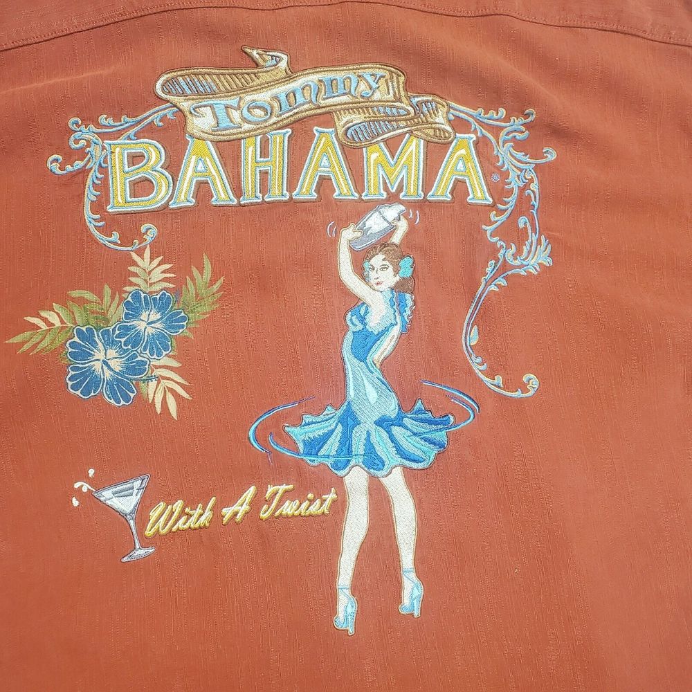 TOMMY BAHAMA MEN'S WITH A TWIST DANCER HAWAIIAN ORANGE SILK ALOHA SHIRT L